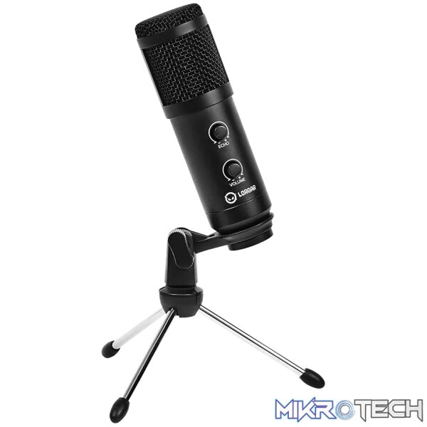 230620073542063358 LORGAR Soner 313, Gaming Microphone, USB condenser microphone with Volume Knob & Echo Knob, Frequency Response: 80 Hz—17 kHz, including 1x Microphone, 1 x 2.5M USB Cable, 1 x Tripod Stand, dimensions: Ø47.4*158.2*48.1mm, weight: 243.0g, Black - Image 1