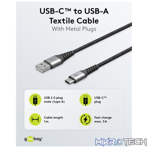 Goobay USB-C to USB-A Textile 1m Cable with Metal Plugs - Space Grey/Silver - Image 7