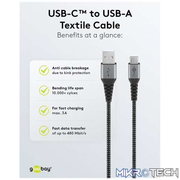 Goobay USB-C to USB-A Textile 1m Cable with Metal Plugs - Space Grey/Silver - Image 5
