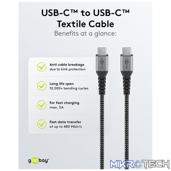 Goobay USB-C to USB-C Textile 1m Cable with Metal Plugs - Space Grey/Silver - Image 6