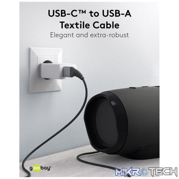 Goobay USB-C to USB-A Textile 1m Cable with Metal Plugs - Space Grey/Silver - Image 2