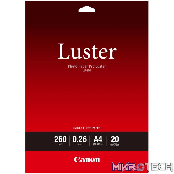 CANON LU-101 A4 - 20 SHEETSPRO LUSTER A4 - 20 SHEETS. 260GSM 0.26MM THICK CANON LU-101 A4 - 20 SHEETSPRO LUSTER A4 - 20 SHEETS. 260GSM 0.26MM THICK