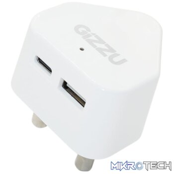 GIZZU Wall Charger Type C 20W|USB SA 3 Prong - White