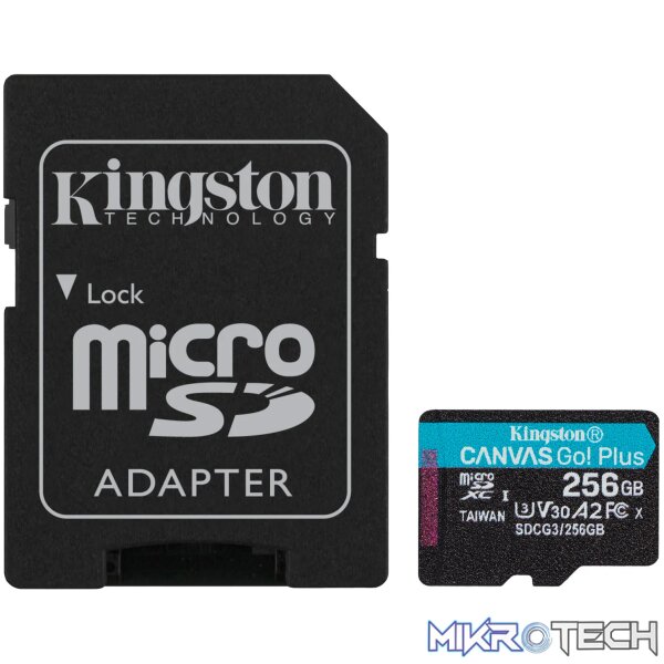 KINGSTON 256GB MICROSDXC CANVAS GO PLUS 170R A2 U3 V30 CARD + ADP KINGSTON 256GB MICROSDXC CANVAS GO PLUS 170R A2 U3 V30 CARD + ADP