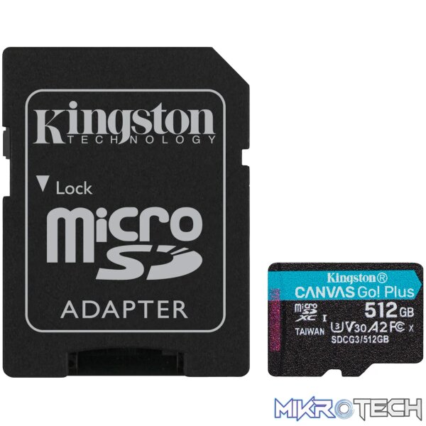 KINGSTON 512GB MICROSDXC CANVAS GO PLUS 170R A2 U3 V30 CARD + ADP KINGSTON 512GB MICROSDXC CANVAS GO PLUS 170R A2 U3 V30 CARD + ADP