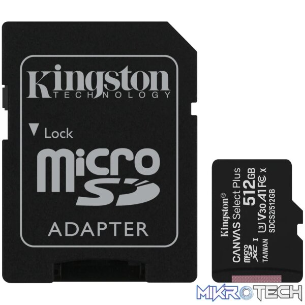 KINGSTON 512GB MICSDXC CANVAS SELECT PLUS 100R A1 C10 CARD + ADP KINGSTON 512GB MICSDXC CANVAS SELECT PLUS 100R A1 C10 CARD + ADP