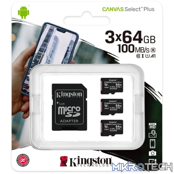 KINGSTON 64GB MICSDXC CANVAS SELECT PLUS 100R A1 C10 THREE PACK + ADP - Image 5