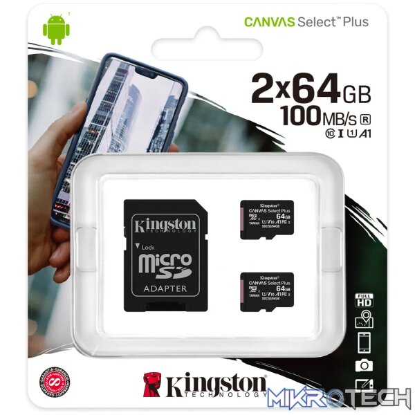 KINGSTON 64GB MICSDXC CANVAS SELECT PLUS 100R A1 C10 TWO PACK +  SINGLE ADP - Image 5