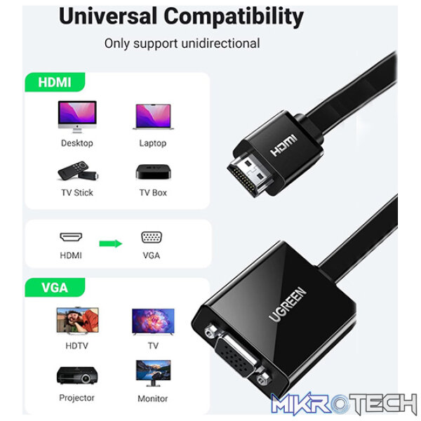 UGreen 40248 HDMI Male to VGA Female with 3.5mm Audio and Micro-USB Power Port and Supports Full HD 1080@60Hz Resolution - Black Colour - Image 2