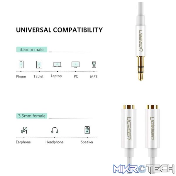 UGreen 10739 3.5mm Aux Male To 2X 3.5mm Female Stereo Audio 0.25m Splitter With Gold-Plated Connection Reducing Transmission Loss And Enable 2 Headphones Connections - White Colour - Image 3