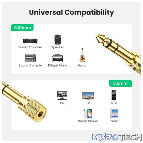 UGreen 20503 6.mm Male to 3.5mm Female Audio Adapter with Gold-Plated Connectors & Connect Headphones to Audio Devices with 6.3mm Port - Gold Colour - Image 3