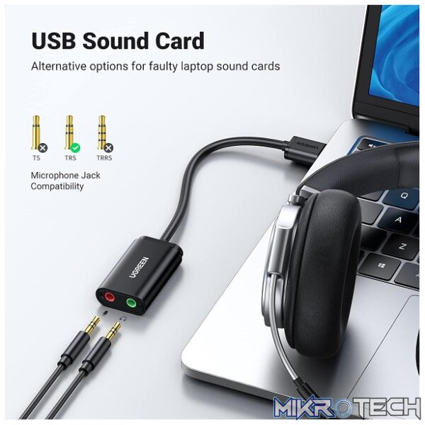UGreen 30724 USB2.0 A Male To 3.5mm AUX External Sound 15cm Cabled Adapter For 3.5mm Audio And Microphone (TRS) Connections - Black Colour - Image 2