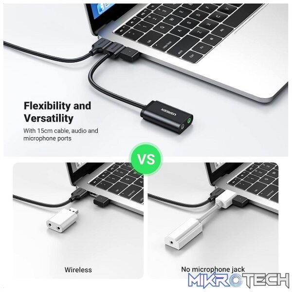 UGreen 30724 USB2.0 A Male To 3.5mm AUX External Sound 15cm Cabled Adapter For 3.5mm Audio And Microphone (TRS) Connections - Black Colour - Image 3