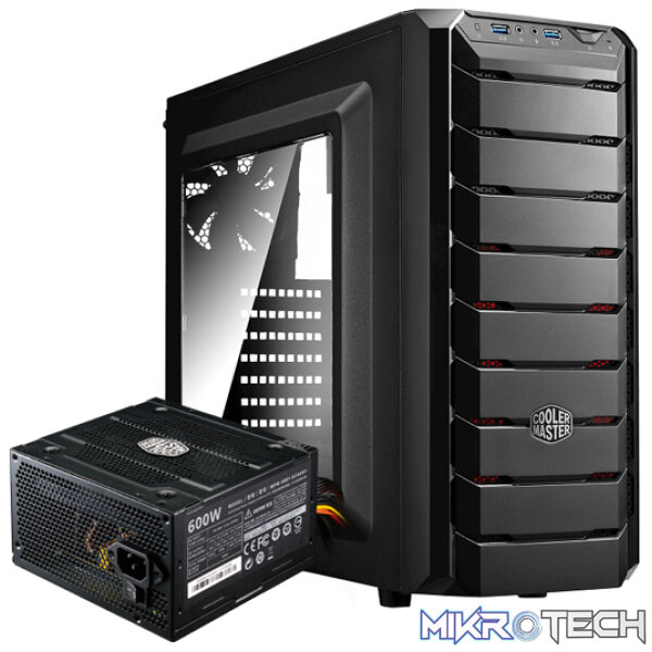 Product Cooler Master CMP500 ATX Mid-Tower Case With Built-In Elite 600W Power Supply And 2X 120MM RED LED Front Fans Plus 1X 120MM Black Rear Fan And Left Transparent Windowed Side Panel - Black Colour - Image 1