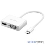 UGreen 30843 USB-C Male to HDMI (W/Aud) & VGA (W/O Aud) Female Adapter with Solid Nickle-Plated Connecor and Supports Resolution up to 1080P@60Hz - White Colour