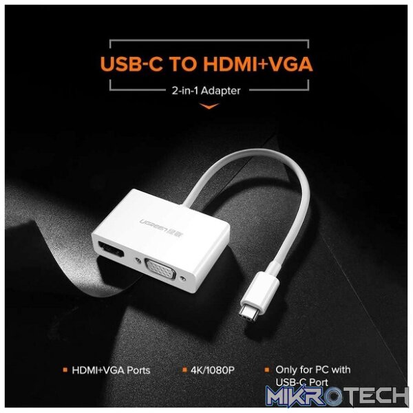 UGreen 30843 USB-C Male to HDMI (W/Aud) & VGA (W/O Aud) Female Adapter with Solid Nickle-Plated Connecor and Supports Resolution up to 1080P@60Hz - White Colour - Image 3