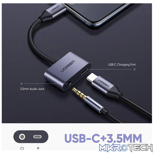 UGreen 50596 USB-C Male to 3.5mm and USB-C Female Adapter Supporting Analogue Audio Output Only - Grey Colour - Image 3