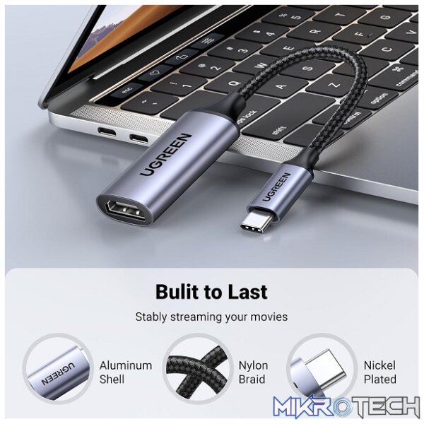 UGreen 70444 USB-C Male to HDMI 2.0 Female Adapter with Nickle-Plated Connector & Support 4K@60Hz Resolution & Without Power Delivery - Grey Colour - Image 4