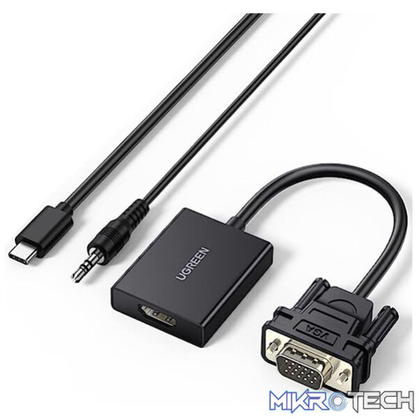 Product UGreen 50945 VGA Male To HDMI Female Adapter With 3.5mm Audio And USB-C Female Power Port And Support Resolution Up To 1080P@60Hz - Black Colour - Image 1