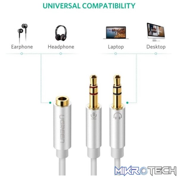 UGreen 10790 3.5mm Audio Female To 2X 3.5mm Audio & Microphone Male Splitter 0.25m Cable With Gold-Plated Connectors - White Colour - Image 2