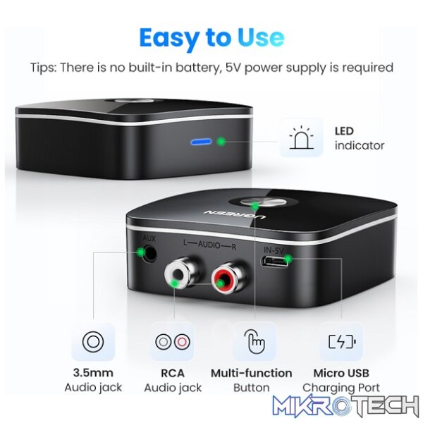 UGreen 40759 Wireless Bluetooth 5.1 Audio Receiver Adapter with 3.5mm and 2RCA Audio Output Ports - Black Colour - Image 2