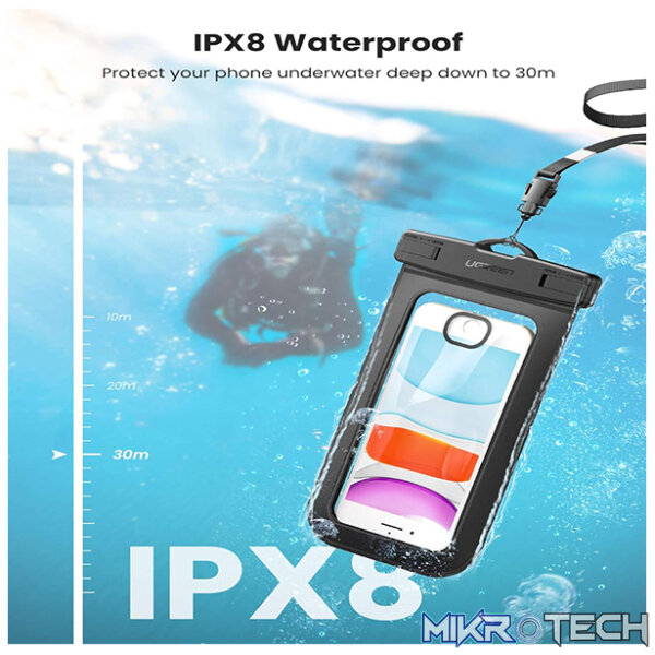UGreen 50919 Waterproof IPX8 Cell Phone Case With Dual-Side Transparent Window & Compatibility with Smartphone upto 6.5" - Black Colour. - Image 2