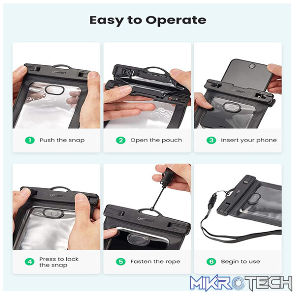 UGreen 50919 Waterproof IPX8 Cell Phone Case With Dual-Side Transparent Window & Compatibility with Smartphone upto 6.5" - Black Colour. - Image 4
