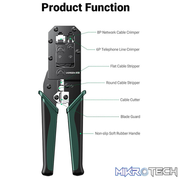UGreen 70683 Multi-Functional LAN (RJ11/RJ45) Cable Crimping Tool With Good Bearing Capability And High Sharpness Blades - Black/Green Colour - Image 2