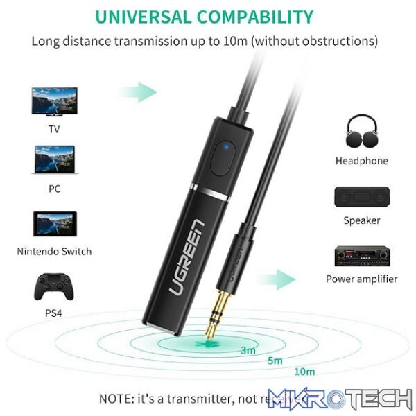UGreen 40761 3.5mm Bluetooth 5.0 Audio Transmitter Adapter With APTX and Allowing to Pair 2X Devices Simultaneously - Black Colour - Image 2