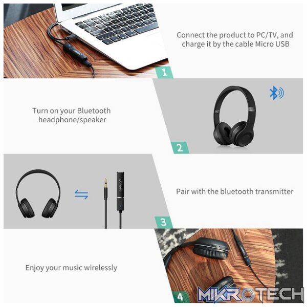 UGreen 40761 3.5mm Bluetooth 5.0 Audio Transmitter Adapter With APTX and Allowing to Pair 2X Devices Simultaneously - Black Colour - Image 4