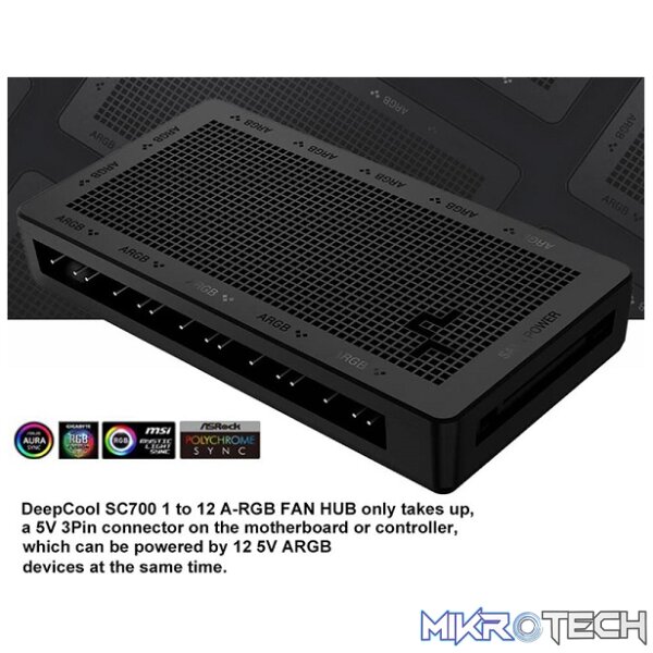 DeepCool SC700 12-Port Addressable RGB Hub Compact and Sturdy Magnetic Case and Simultaneously Connect 12X ARGB 5V/3Pin Components - Black Colour - Image 2