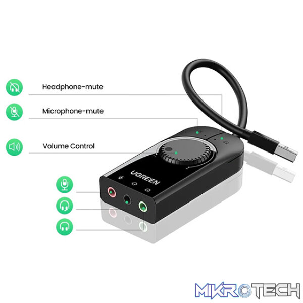 UGreen 40964 USB External Sound Adapter With 15cm Cable+Volume Control Button And Built-In 3.5mm Mono Microphone+Headphone And 4-Pin Combo Mic/Headphone Jack - Black Colour - Image 4