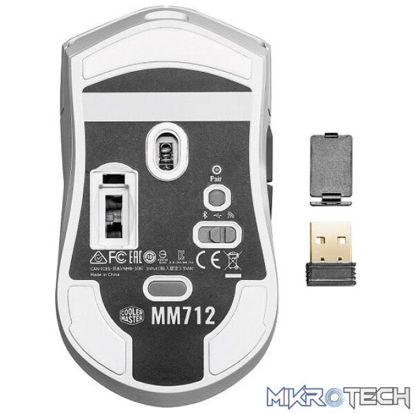 Cooler Master MM712 Hybrid 3-in-1 USB/ Wireless/ Bluetooth Lightweight RGB Ambidextrous Gaming Mouse With 6 Buttons, 19K DPI Optical Sensor And Ultraweave USB Cable - Matte White Colour - Image 3