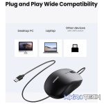 UGreen 90789 Ergonomic USB Wired Optical Mouse with 1200K DPI Sensor and Compatible with USB devices - Black Colour - Image 5