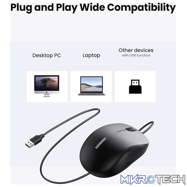 UGreen 90789 Ergonomic USB Wired Optical Mouse with 1200K DPI Sensor and Compatible with USB devices - Black Colour - Image 5