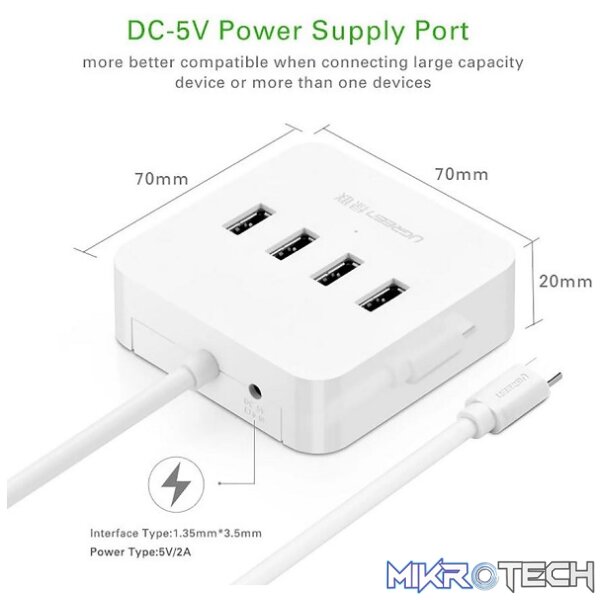 UGreen 30316 USB-C To USB-A 3.0 4-Port Hub with OTG Function and Supports data transfer speed up to 5Gbps - White Colour - Image 2