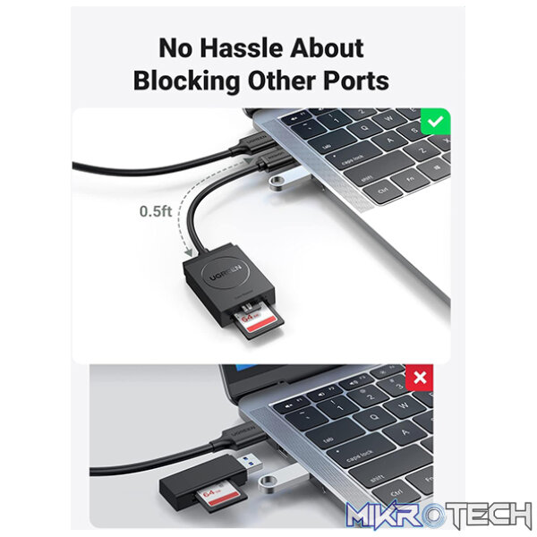 UGreen 20250 USB-A 3.0 Male Dual Slot Card Reader With 2x Built-in SD Card Slots & Supports Transfer rate up to 5Gbps - Black Colour - Image 4
