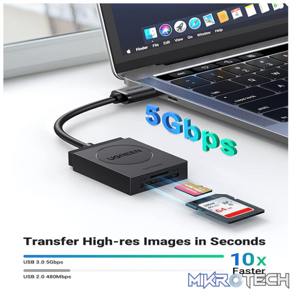 UGreen 20250 USB-A 3.0 Male Dual Slot Card Reader With 2x Built-in SD Card Slots & Supports Transfer rate up to 5Gbps - Black Colour - Image 5