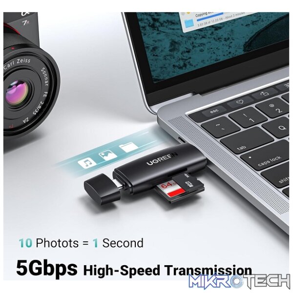 UGreen 80191 USB-C & USB-A 3.0 Multi-Card Reader with 5Gbps Transfer Speed, OTG Function & 2TB Capacity - Black Colour - Image 2