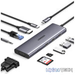 UGreen 15601 USB-C 10-in-1 Docking Station With 3x USB3.0, HDMI 4K@30Hz, VGA 1080P@60Hz, GLAN, SD/TF Slot And 3.5mm AUX And USB-C 100W(max) Power Delivery - Metallic Grey Colour