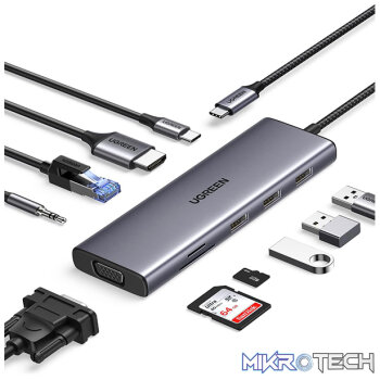 UGreen 15601 USB-C 10-in-1 Docking Station With 3x USB3.0, HDMI 4K@30Hz, VGA 1080P@60Hz, GLAN, SD/TF Slot And 3.5mm AUX And USB-C 100W(max) Power Delivery - Metallic Grey Colour