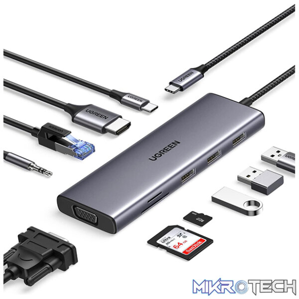 Product UGreen 15601 USB-C 10-in-1 Docking Station With 3x USB3.0, HDMI 4K@30Hz, VGA 1080P@60Hz, GLAN, SD/TF Slot And 3.5mm AUX And USB-C 100W(max) Power Delivery - Metallic Grey Colour - Image 1