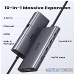 UGreen 15601 USB-C 10-in-1 Docking Station With 3x USB3.0, HDMI 4K@30Hz, VGA 1080P@60Hz, GLAN, SD/TF Slot And 3.5mm AUX And USB-C 100W(max) Power Delivery - Metallic Grey Colour - Image 4