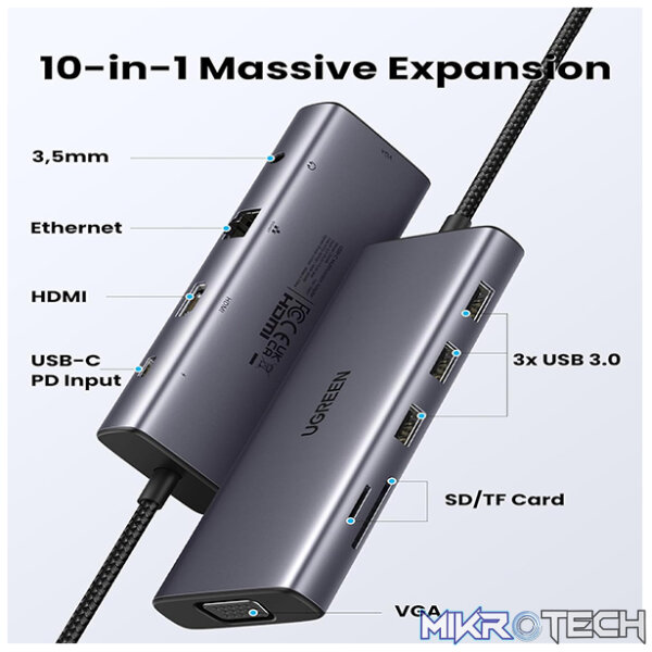 UGreen 15601 USB-C 10-in-1 Docking Station With 3x USB3.0, HDMI 4K@30Hz, VGA 1080P@60Hz, GLAN, SD/TF Slot And 3.5mm AUX And USB-C 100W(max) Power Delivery - Metallic Grey Colour - Image 4