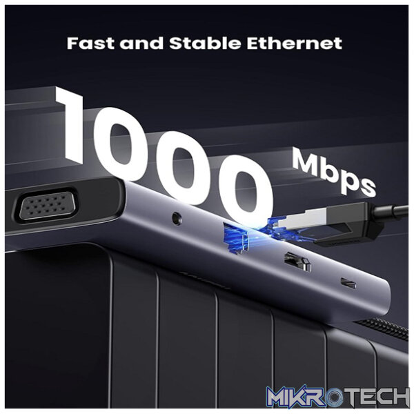 UGreen 15601 USB-C 10-in-1 Docking Station With 3x USB3.0, HDMI 4K@30Hz, VGA 1080P@60Hz, GLAN, SD/TF Slot And 3.5mm AUX And USB-C 100W(max) Power Delivery - Metallic Grey Colour - Image 5