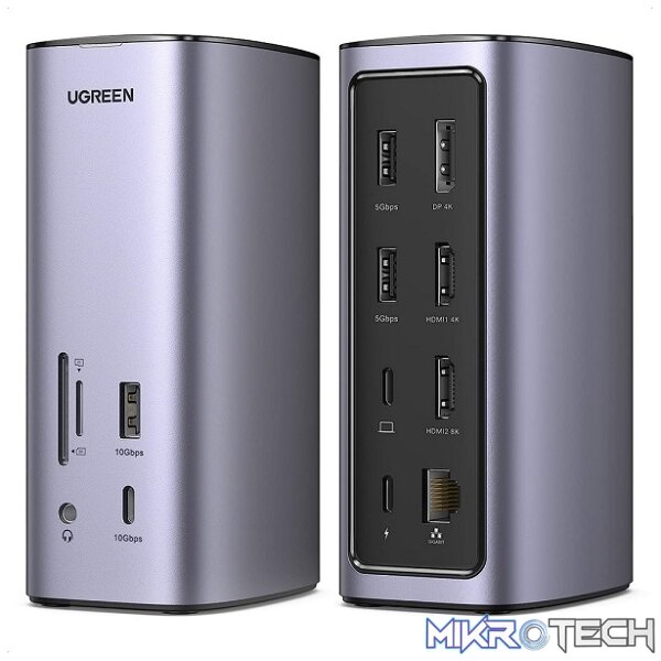 Product UGreen 90325 USB-C V3.2 Revodok Pro 312 12-In-1 Docking Station With 2X HDMI (8K@30Hz)*, DisplayPort, GLAN, USB-C 100W (Max) Power Delivery, SD/MSD Card Slot and 3.5mm Audio Port - Metallic Grey Colour - Image 1