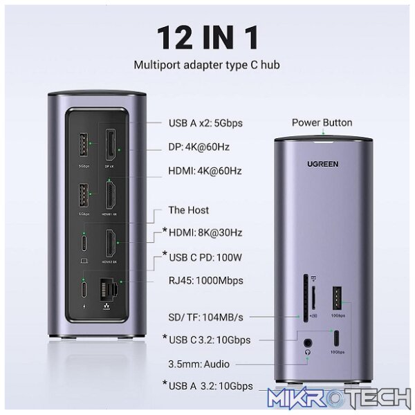 UGreen 90325 USB-C V3.2 Revodok Pro 312 12-In-1 Docking Station With 2X HDMI (8K@30Hz)*, DisplayPort, GLAN, USB-C 100W (Max) Power Delivery, SD/MSD Card Slot and 3.5mm Audio Port - Metallic Grey Colour - Image 2