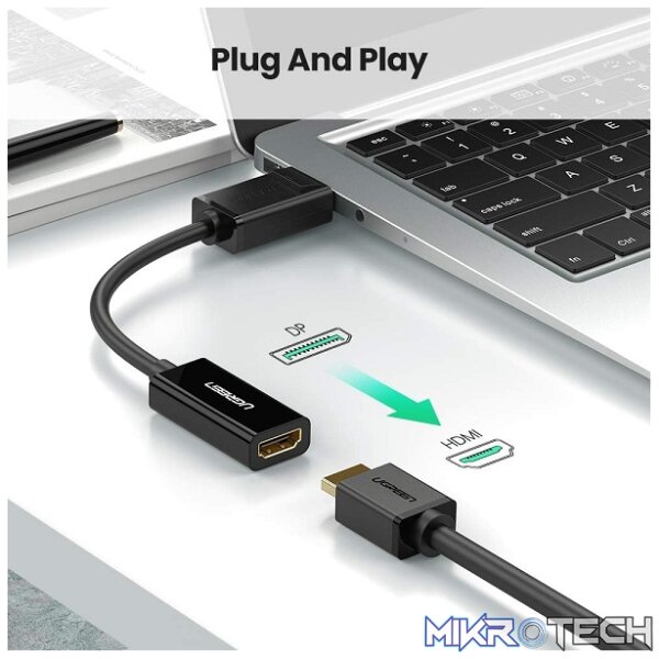 UGreen 40362 DisplayPort Male to HDMI Female Adapter with Gold-Plated Connectors, Release Button Design and Supports resolution up to 1080P@60Hz - Black Colour - Image 4