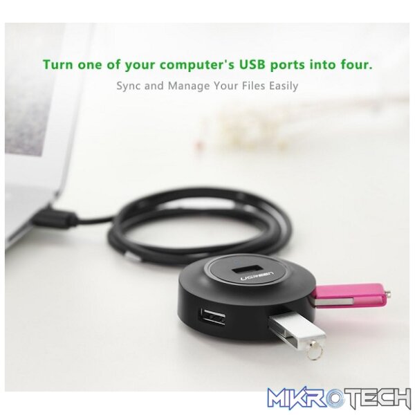 UGreen 20277 USB-A 2.0 Female 4-Port Hub With Micro-USB Power Port and Nickle-Plated Connector & Supports Data Transfer rate up to 480Mbps - Black Colour. - Image 2