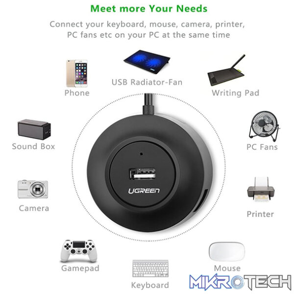 UGreen 20277 USB-A 2.0 Female 4-Port Hub With Micro-USB Power Port and Nickle-Plated Connector & Supports Data Transfer rate up to 480Mbps - Black Colour. - Image 3